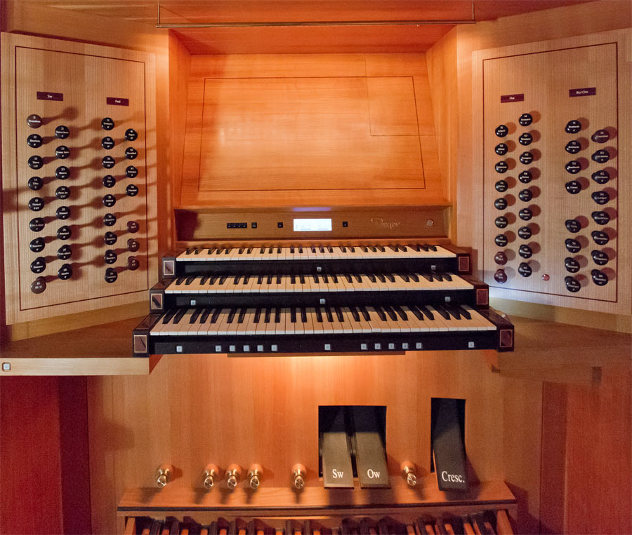 2019 console of the Rieger organ in the Christchurch Town Hall